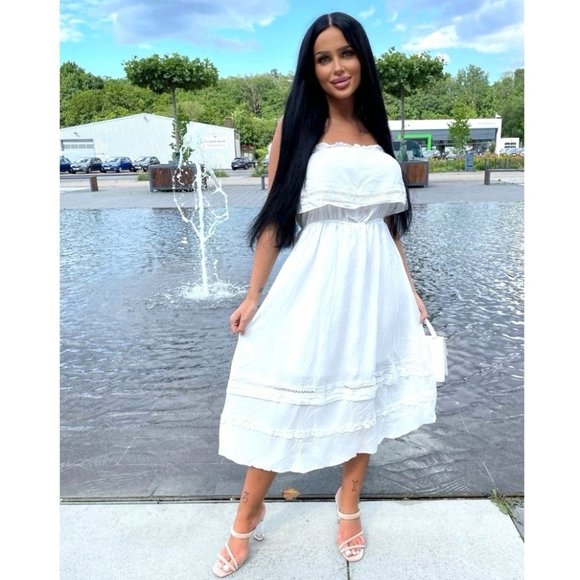 White Strapless Frill Detail Midi Dress - Picture 4 of 11